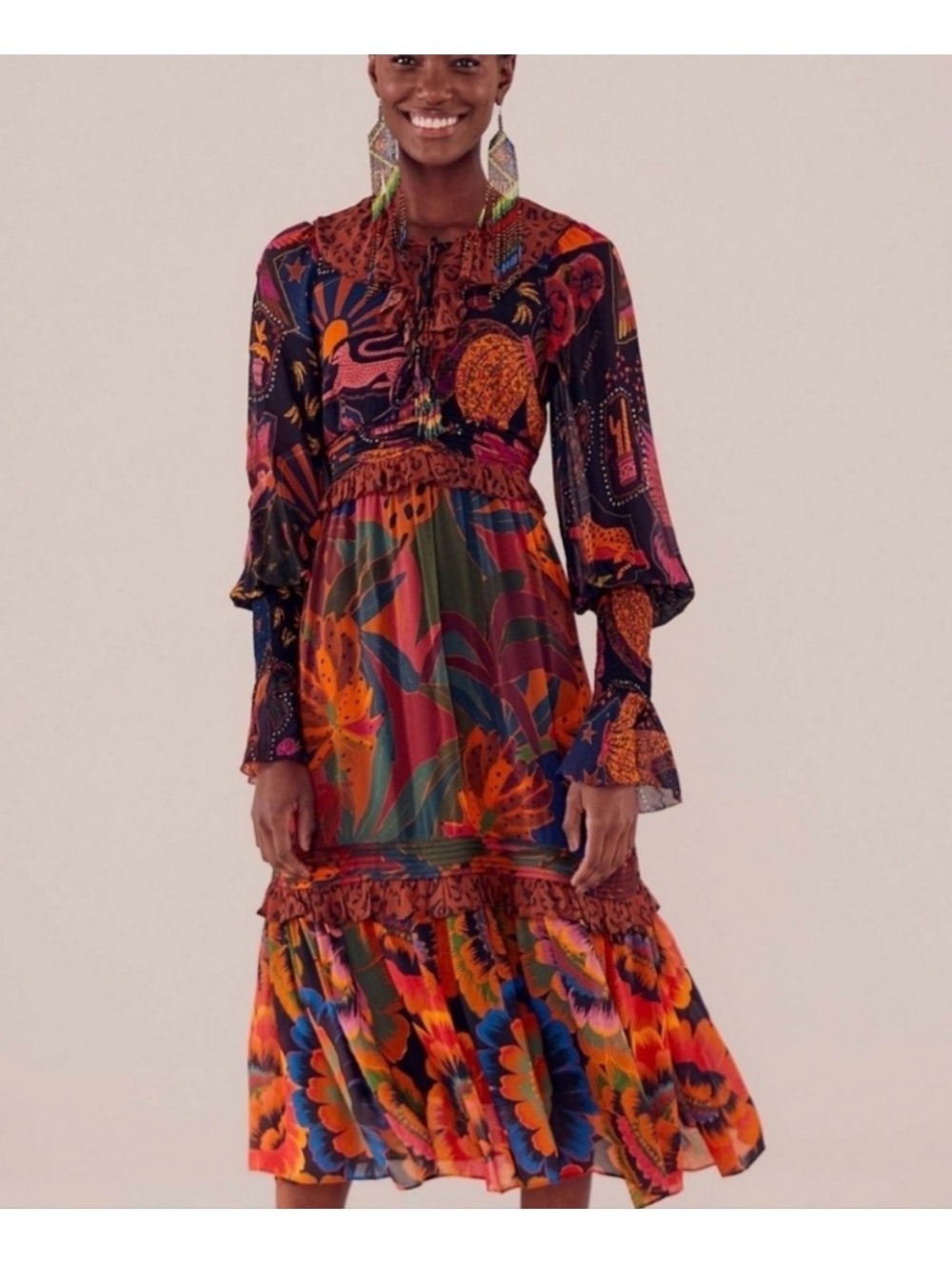 Farm Rio Leo Leopard Jungle Print Romantic Midi Dress Size S Boho